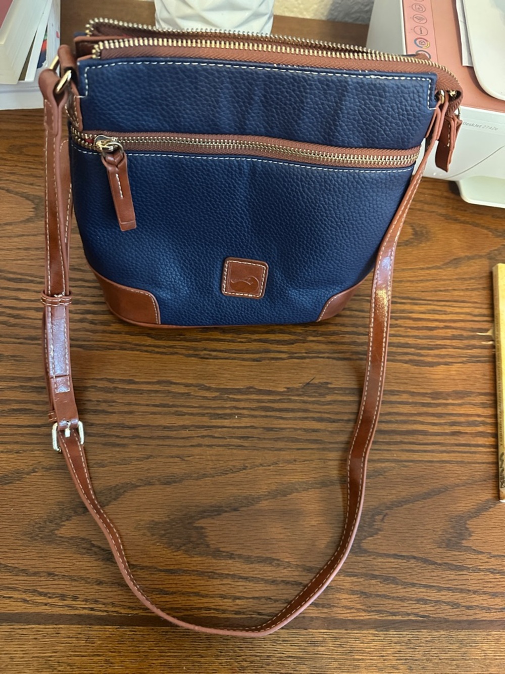 Dooney & Bourke Navy and Brown Pebbled Leather Crossbody
